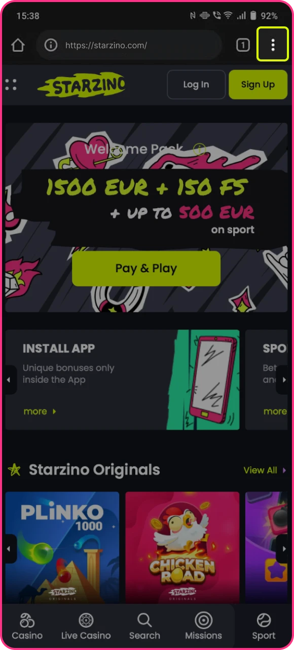 Om de Starzino online casino-app te downloaden, moet u de zijbalk van de Chrome-browser openen.